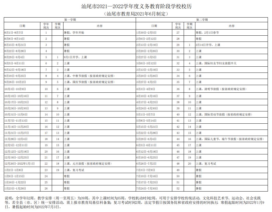 汕尾市2021-2022学年度普通中小学校校历